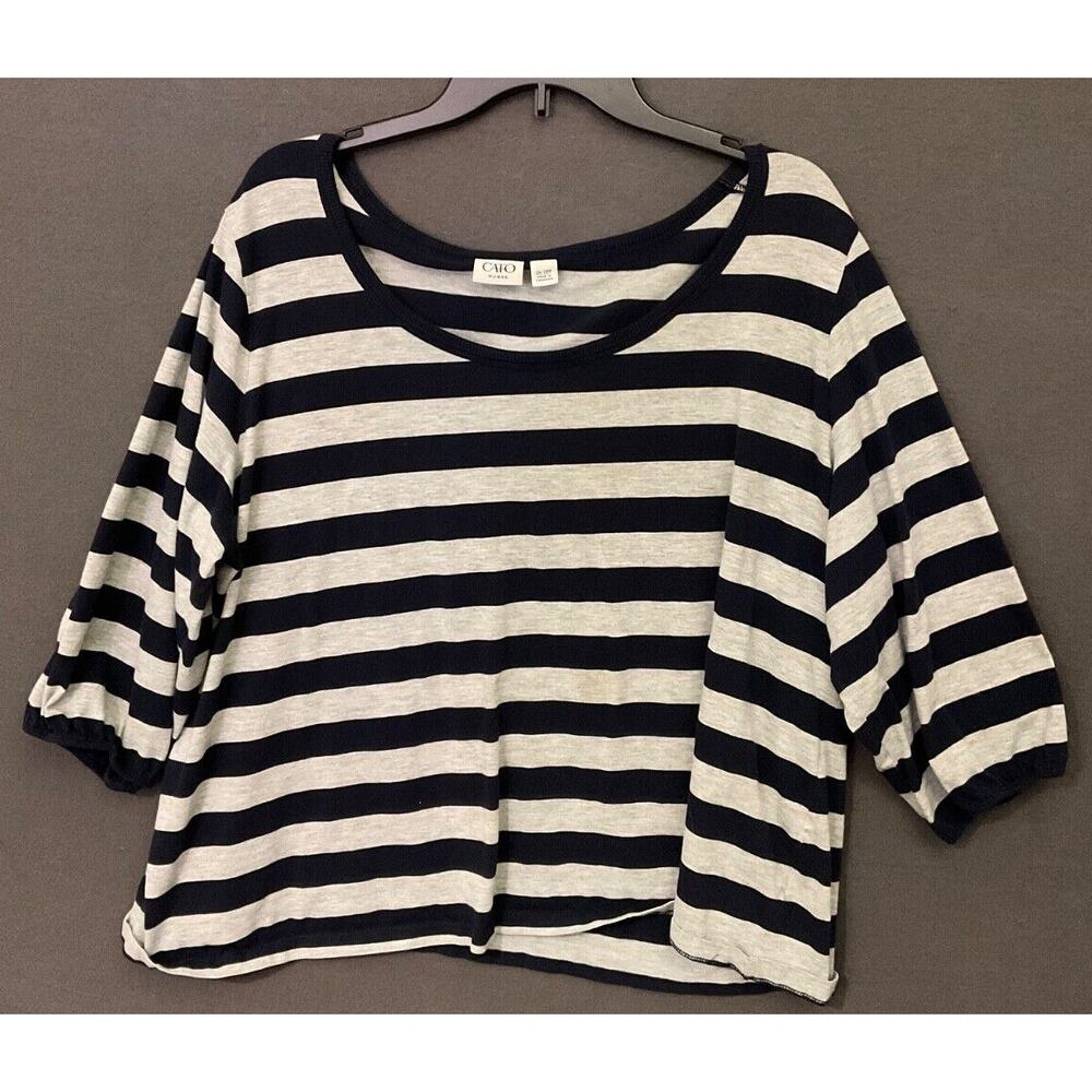 Cato Woman 26/28W Striped 3/4 Sleeve Loose Fit Top Gray‎ & Black Cotton Blend